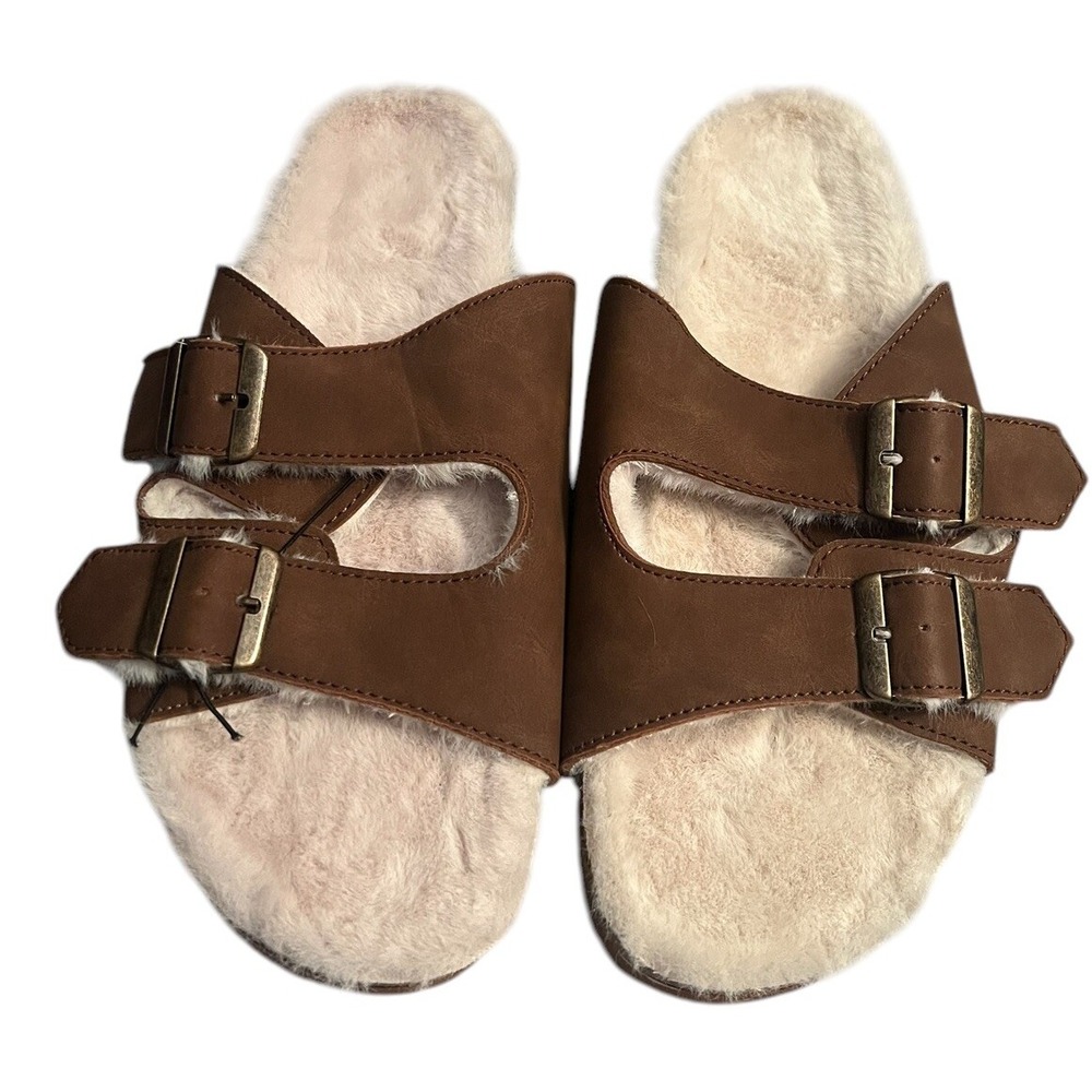 No Boundaries Slides Sandals Brown Faux Fur Lined Double Buckle Platform 11